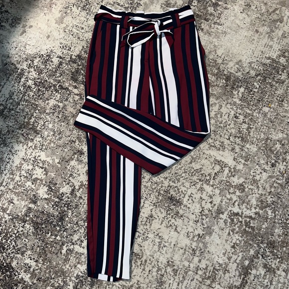 Express Pants - Express Women's Ankle Crop Striped Pants in Navy, White & Burgundy
